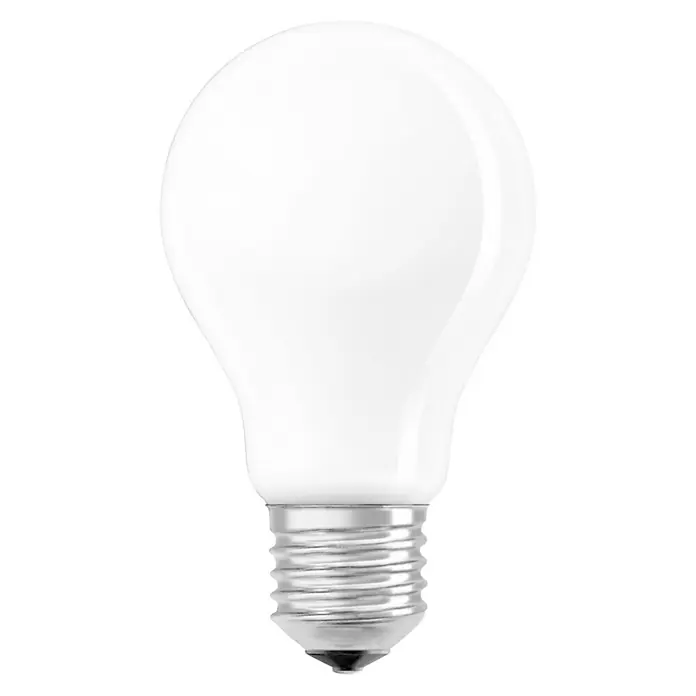 Osram LED-Lampe Glühlampenform E27 matt - E27, Dimmbar, Warmweiß, 470 lm, 5 W, Matt - Nahaufnahme einer weißen Glühbirne mit einem silbernen Sockel, die ein helles, diffuses Licht ausstrahlt und für Klarheit steht.