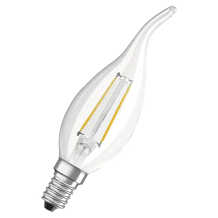 Osram LED-Lampe Retro Fit CLBA E14 - E14, Nicht Dimmbar, Warmweiß, 230 lm, 2 W - Nahaufnahme einer LED-Filament-Kerzenlampe mit klarem Glaskolben und E14-Sockel, ideal für dekorative Beleuchtung und energieeffizientes Licht.