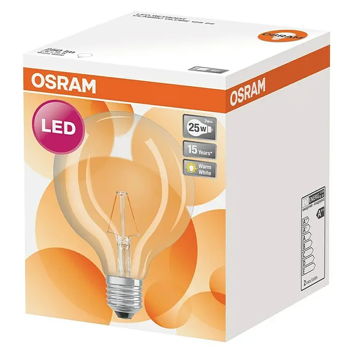 Osram LED-Lampe Glühlampenform E27 matt - E27, Nicht Dimmbar, Warmweiß, 250 lm, 2 W - Das Produkt ist eine OSRAM LED-Lampe mit warmweißem Licht, die für 15 Jahre Nutzung ausgelegt ist und 25W entspricht.