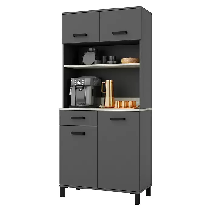 Stolarz-Lempert Buffetschrank Linda - Breite: 100 cm, Weiß - Dunkelgraues Küchenbuffet mit Regalen, Kaffeemaschine, goldener Kanne und schwarzem Geschirr.