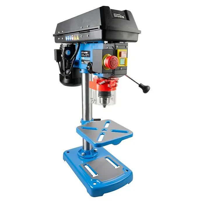 Güde Tischbohrmaschine GTB 14/509 - 500 W, Leerlaufdrehzahl: 500 U/min - 2.500 U/min, Spannweite Bohrfutter: 1,5 mm - 16 mm - Eine blaue Tischbohrmaschine mit einem silbernen Ständer und einem schwarzen Kopf. Ideal für präzise Bohrarbeiten in Werkstätten.