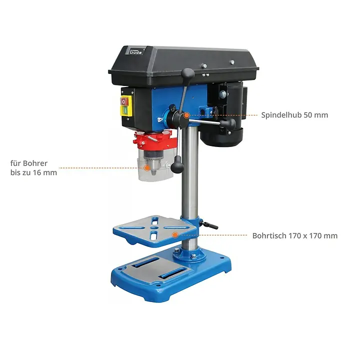 Güde Tischbohrmaschine GTB 14/509 - 500 W, Leerlaufdrehzahl: 500 U/min - 2.500 U/min, Spannweite Bohrfutter: 1,5 mm - 16 mm - Abbildung einer Güde Tischbohrmaschine mit Details zu Bohrfutter (bis 16mm), Spindelhub (50mm) und Bohrtischgröße (170x170mm).