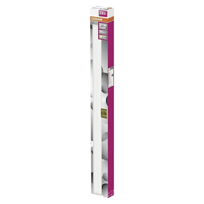 Osram Linestra - Largo: 50 cm, Blanco cálido, 8,5 W, 470 lm, S14d - La imagen muestra un tubo LED Osram en su embalaje. El tubo es blanco, el embalaje es morado y naranja y tiene el logo de Osram.