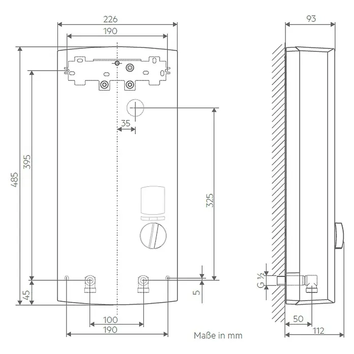 AEG Durchlauferhitzer DDLE TD - 18/21/24 kW, Elektronisch - Technische Zeichnung eines Warmwasserbereiters mit Maßangaben, die die Abmessungen und Installationsdetails des Geräts zeigen.