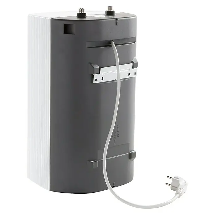 AEG Warmwasserspeicher Huz 5 Drop Stop - 5 l, Temperaturbereich: 35 °C - 85 °C, Untertischmontage - Hier ist ein Detailblick auf einen grauen Warmwasserbereiter mit weißer Seitenverkleidung und einem sichtbaren Stromkabel.