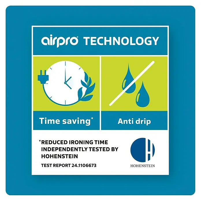 Bügeltischbezug Airpro - Passend für: Bügeltische bis 125 x 42 cm - Das Airpro-Technologie-Logo mit Symbolen für Zeitersparnis und Tropfschutz, das für effizientes Bügeln steht.