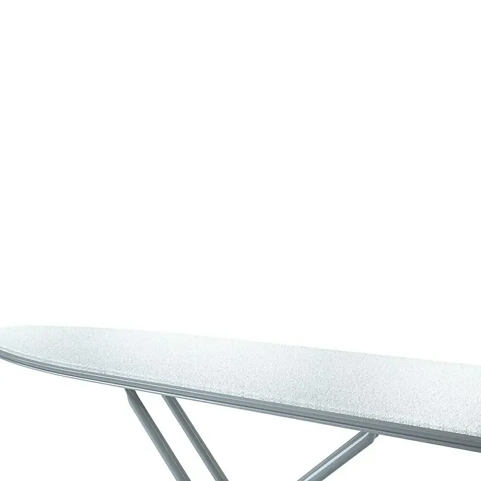Bügeltischbezug Bügeltischpolster - Passend für: Alle Bügeltische/Bügelbretter bis 140 x 45 cm - Nahaufnahme eines Bügelbretts mit metallischen Beinen und weißem Bezug vor einem neutralen Hintergrund.