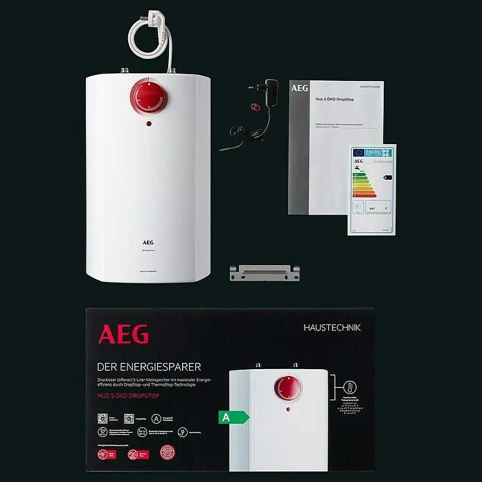 AEG Warmwasserspeicher Huz 5 Drop Stop - 5 l, Temperaturbereich: 35 °C - 85 °C, Untertischmontage - Produktansicht des AEG HUZ 5 ÖKO DropStop Kleinspeichers, ein energieeffizientes Gerät für die Warmwasserbereitung im Haushalt.