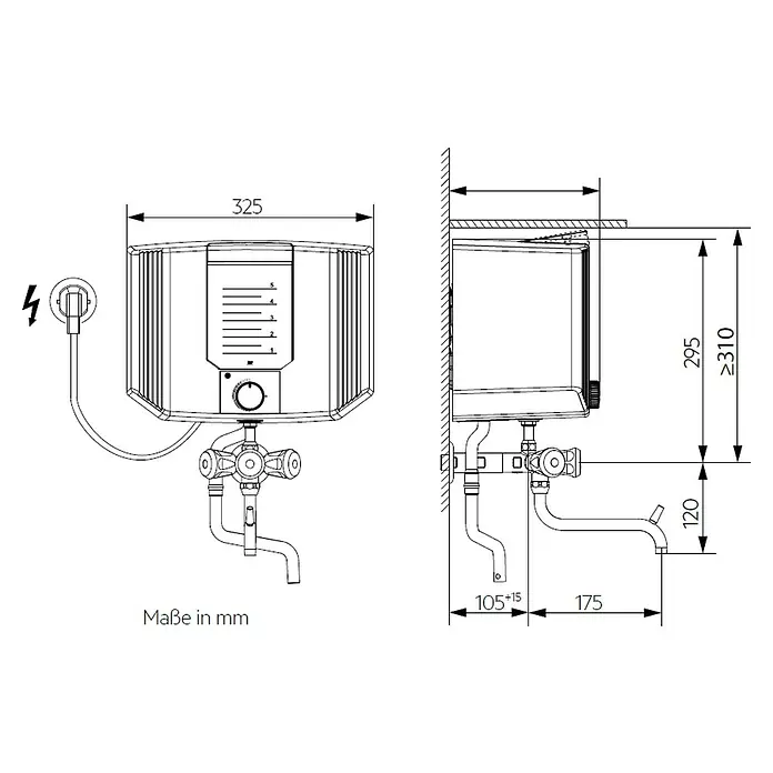 AEG Kochendwassergerät Thermofix KL - 5 l, 2.000 W, 35 °C - 100 °C - Abbildung eines elektronischen Durchlauferhitzers mit Maßangaben für die Installation, inklusive Front- und Seitenansicht für die Wandmontage.