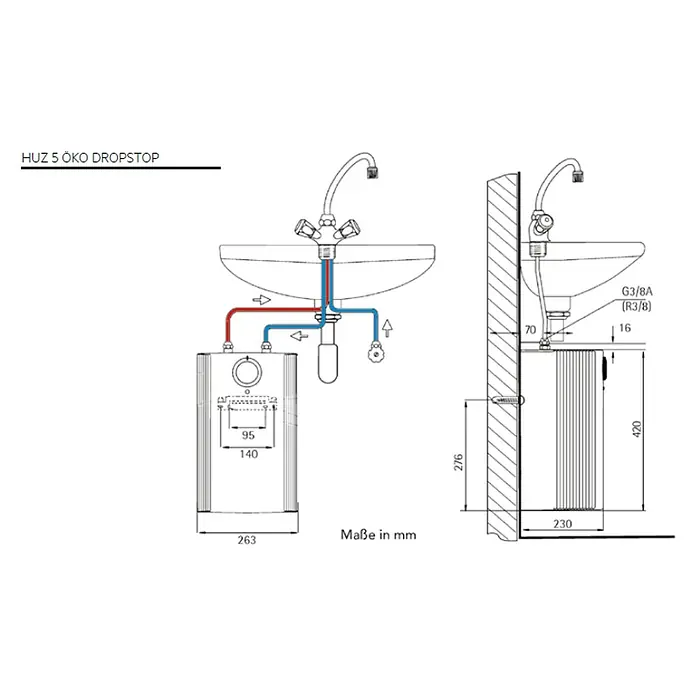 AEG Warmwasserspeicher Huz 5 Drop Stop - 5 l, Temperaturbereich: 35 °C - 85 °C, Untertischmontage - Schematische Darstellung eines HUZ 5 ÖKO DROPSTOP Warmwasserbereiters mit den zugehörigen Abmessungen und Anschlussdetails.