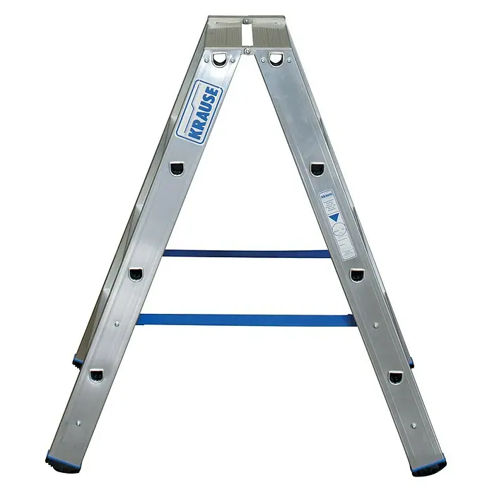 Krause Stabilo Doppelleiter - Anzahl Tritte: 8 Stk., Arbeitshöhe: 2,5 m, Aluminium - Eine silberne Krause Stehleiter mit blauen Sicherheitsgurten für den sicheren Gebrauch bei Arbeiten in der Höhe.