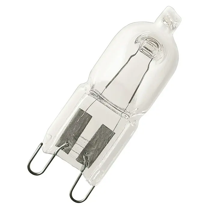 Osram Halogenlampe Halopin Oven - 40 W, G9, 1 Stk., Warmweiß - Nahaufnahme einer G9 Halogenlampe mit klarem Glaskolben, Wolframfaden und Stiftsockel auf neutralem Hintergrund.