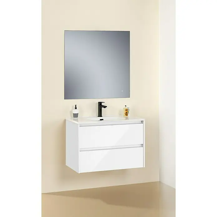 Roca Conjunto de mueble de baño Sagano - Ancho total del mueble de baño: 80,5 cm, Blanco, Brillante - Elegante lavabo de baño con espejo moderno. El mueble blanco con cajones ofrece un almacenamiento práctico para el baño.