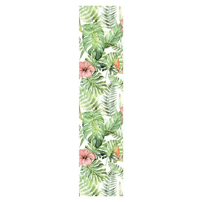 Bariperfil Panel acústico decorativo Acoustic Wall Palmeras - 260 x 60 x 0,65 cm, Verde - Plantas tropicales y flores de hibisco forman un patrón repetido, ideal para una decoración viva y acentos exóticos en la habitación.