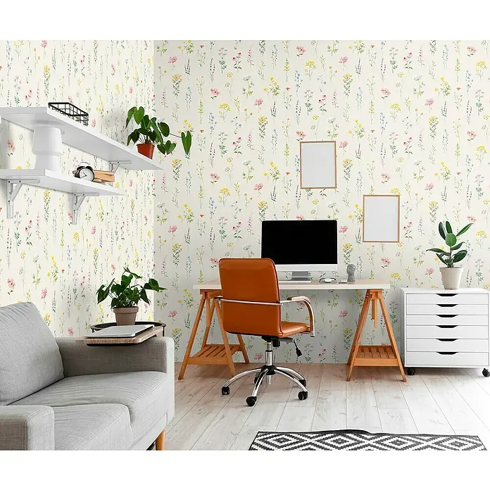 Bariperfil Panel acústico decorativo Acoustic Wall Flores - 260 x 60 x 0,65 cm, Beige - Un espacio de oficina elegante con un papel pintado de flores silvestres. El papel pintado añade un toque vibrante y natural a la habitación.