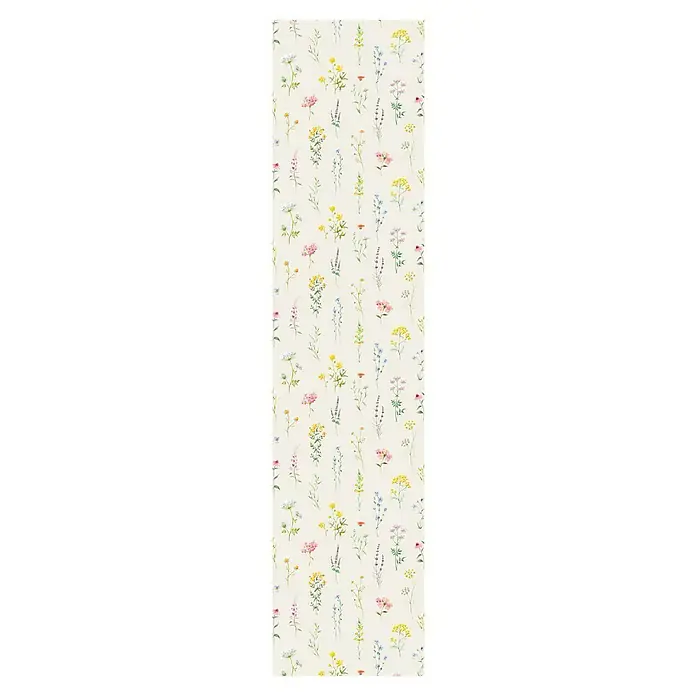 Bariperfil Panel acústico decorativo Acoustic Wall Flores - 260 x 60 x 0,65 cm, Beige - Una muestra de tela con un patrón de diversas flores silvestres en colores suaves, ideal para decoraciones de verano.