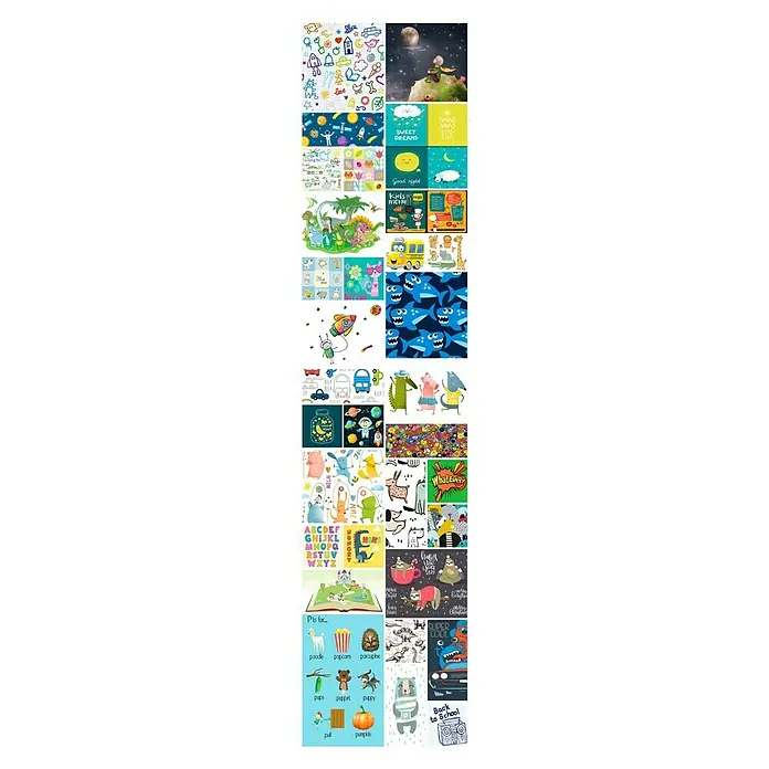 Bariperfil Panel acústico decorativo Acoustic Wall - 260 x 60 x 0,65 cm, Multicolor - Un collage de varias ilustraciones que incluyen animales, alfabetos y temas espaciales, inspirando creatividad y educación.
