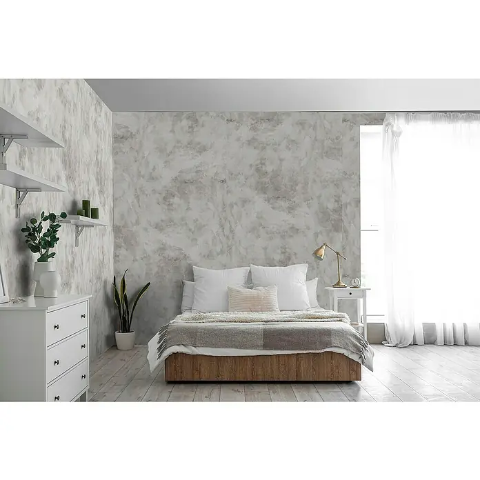 Bariperfil Panel acústico decorativo Acoustic Wall Calima - 260 x 60 x 0,65 cm, Gris - Dormitorio con cama, lámpara de noche y cortina blanca, creando un ambiente sereno y elegante.