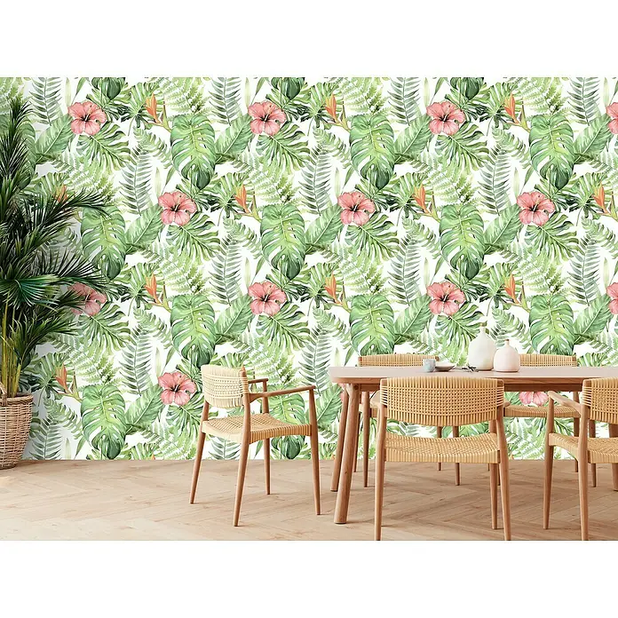 Bariperfil Panel acústico decorativo Acoustic Wall Palmeras - 260 x 60 x 0,65 cm, Verde - Comedor con papel pintado botánico. El papel pintado tropical, con plantas exuberantes y flores de hibisco, crea un ambiente relajante.