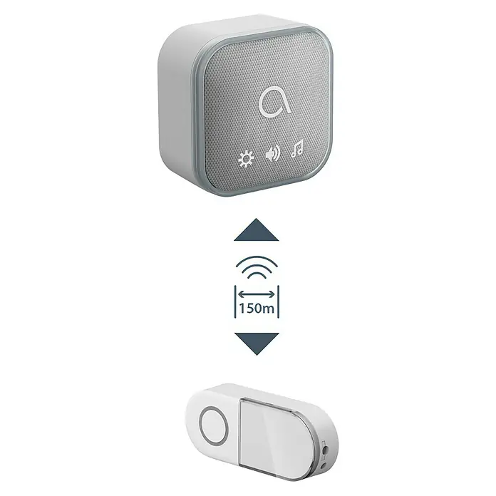 Avidsen Funk-Gong Sona-T Drahtlos - Batteriebetrieben, Grau, Reichweite ca.: 150 m - Produktbild eines kleinen grauen Smart-Lautsprechers mit Bluetooth-Funktion und einem weißen elektronischen Türschloss.