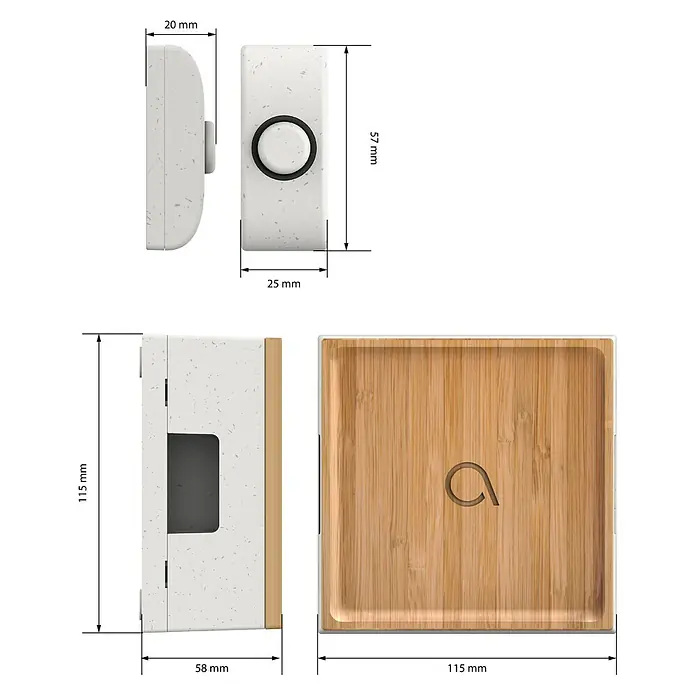 Avidsen Türklingel Bamboo Square - Grau, Bambus, Reichweite ca.: 100 m - Produktansicht eines eckigen Raumthermostats mit Holzgehäuse und den zugehörigen Abmessungen.
