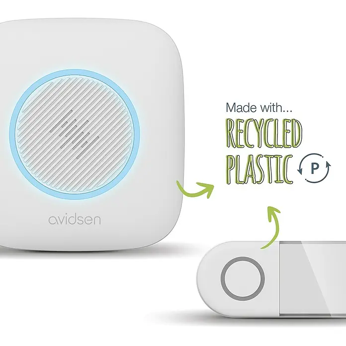 Avidsen Funk-Türgong Sona Drahtlos - Weiß, Reichweite ca.: 200 m - Produktaufnahme eines Avidsen Produkts, hergestellt aus recyceltem Plastik. Nachhaltige Wahl für Ihr Smart Home System.
