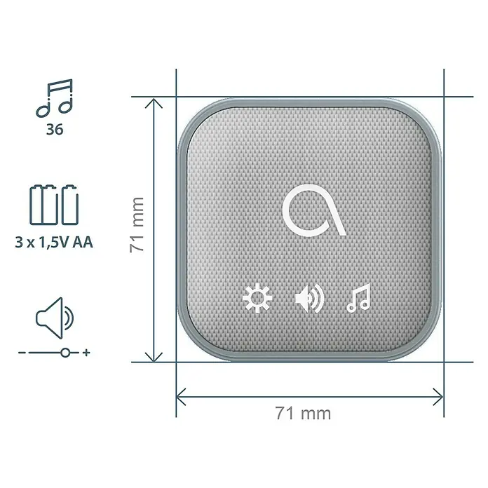 Avidsen Funk-Gong Sona-T Drahtlos - Batteriebetrieben, Grau, Reichweite ca.: 150 m - Produktabbildung mit Abmessungen und Details zur Batterie des Lautsprechers.