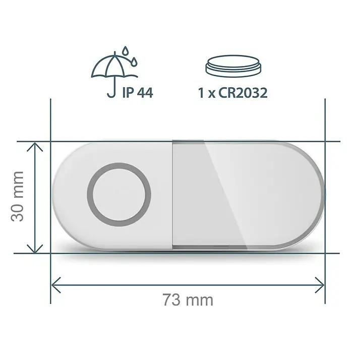 Avidsen Funk-Gong Sona-T Drahtlos - Batteriebetrieben, Grau, Reichweite ca.: 150 m - Produktdarstellung mit Maßangaben: 30mm Höhe, 73mm Länge, IP44-Schutz und benötigt eine CR2032-Batterie.