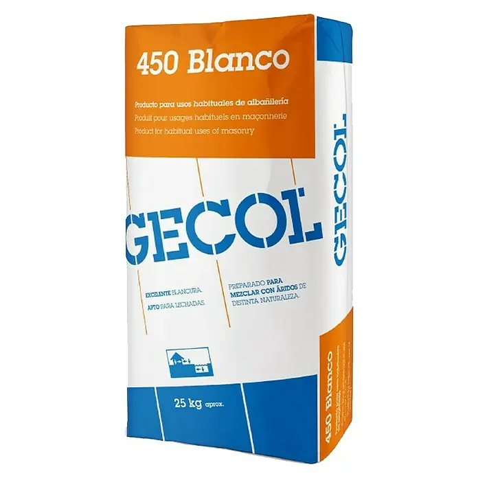 Gecol Mortero preparado seco 450 - 25 kg, Blanco - Un paquete de GECOL 450 Blanco, un producto de mortero para albañilería, con un peso de 25 kg, ideal para la construcción.