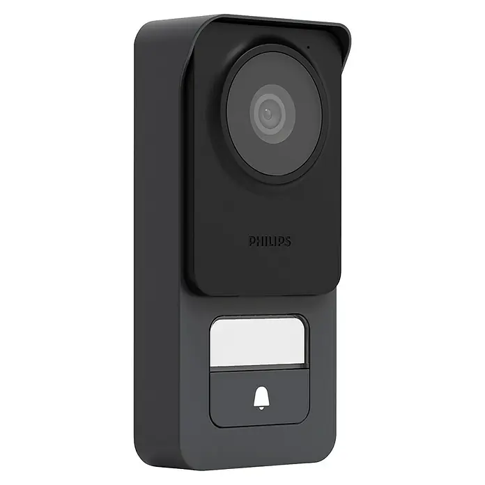Philips WelcomeEye Türklingel mit Kamera Connect 3 WLAN Komplett-Set - Schwarz - Nahaufnahme einer schwarzen Philips-Türklingel mit Kamera und Klingelknopf.