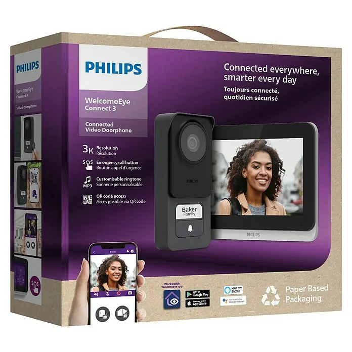 Philips WelcomeEye Türklingel mit Kamera Connect 3 WLAN Komplett-Set - Schwarz - Verpackung der Philips WelcomeEye Connect 3 Video-Türsprechanlage mit Produktbildern und Funktionen.