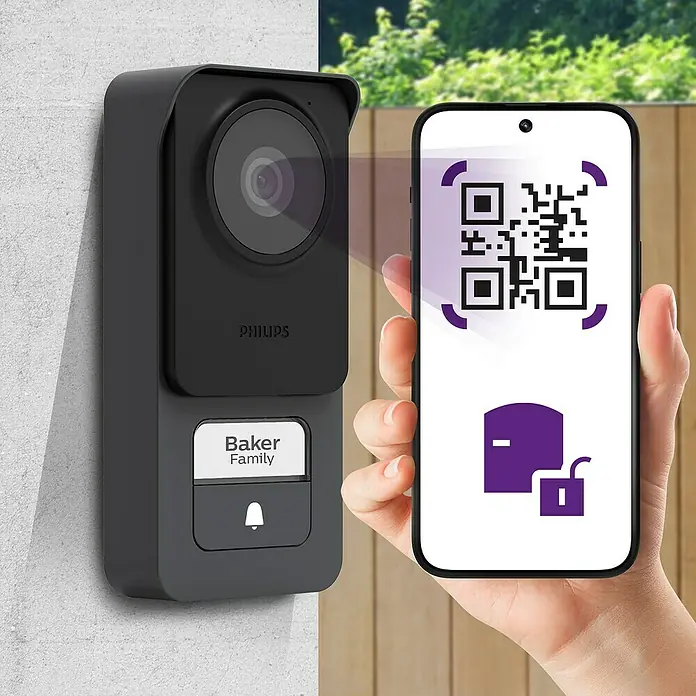 Philips WelcomeEye Türklingel mit Kamera Connect 3 WLAN Komplett-Set - Schwarz - Intelligente Philips-Türklingel mit Kamera und QR-Code auf einem Smartphone für einfache Konfiguration.