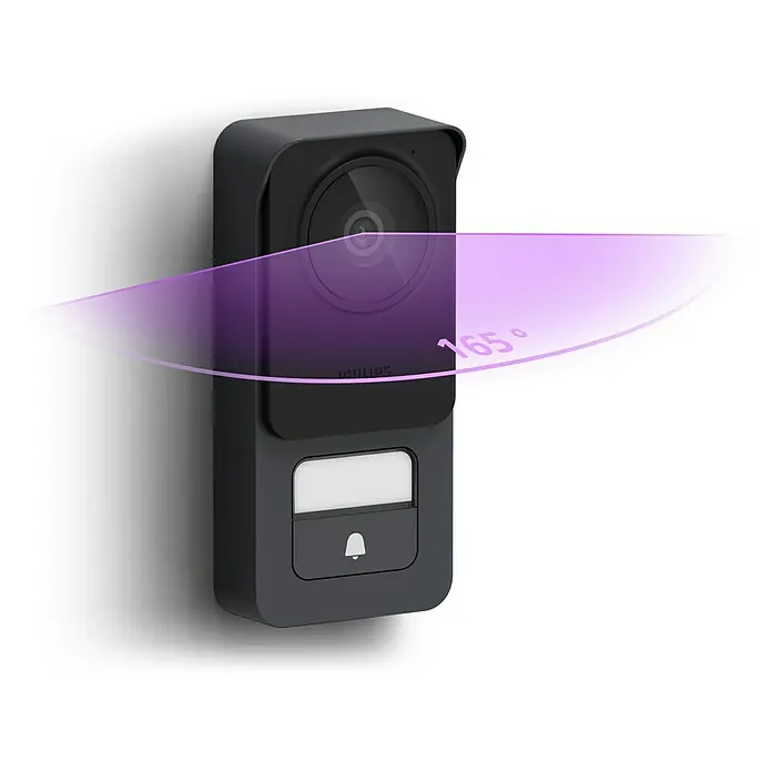 Philips WelcomeEye Türklingel mit Kamera Connect 3 WLAN Komplett-Set - Schwarz - Das Bild zeigt eine Philips-Türklingel mit integrierter Kamera, die einen horizontalen Betrachtungswinkel von 165° abdeckt. Sie ist in einem dunklen Gehäuse montiert.