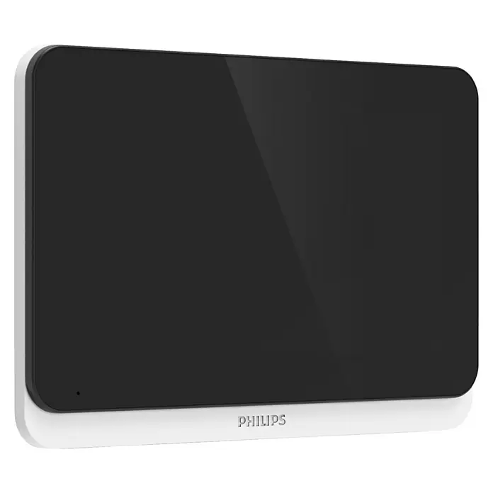 Philips WelcomeEye Türklingel mit Kamera Connect 3 WLAN Komplett-Set - Schwarz - Nahaufnahme eines Philips Smart Displays mit schwarzem Bildschirm und weißem Rahmen, ideal für intelligente Heimanwendungen.