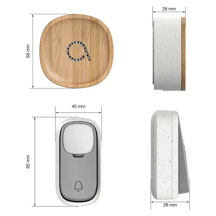 Avidsen Funk-Türgong Drahtlos Bamboo für USB-Anschluss - Grau, Bambus, Reichweite ca.: 100 m - Produktansicht: Das Bild zeigt das Design und die Abmessungen eines Klingelknopfes.