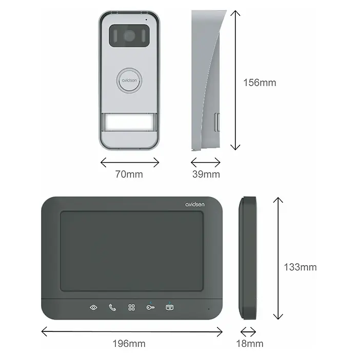 Avidsen Türklingel mit Kamera Prima kabelgebunden - Silber, 800 x 480 Pixel - Produktabbildung der Avidsen-Video-Türsprechanlage mit Größenangaben für Klingel (70x39x156 mm) und Monitor (196x18x133 mm).