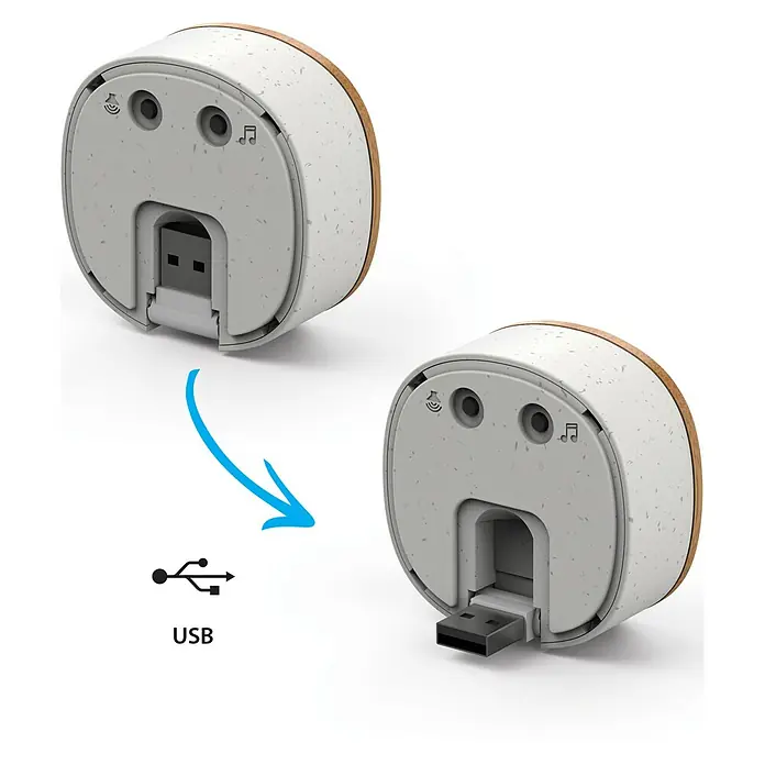 Avidsen Funk-Türgong Drahtlos Bamboo für USB-Anschluss - Grau, Bambus, Reichweite ca.: 100 m - Nahaufnahme eines weißen, runden Geräts mit USB-Anschluss. Es zeigt die USB-Verbindung und die Details des Produktdesigns.