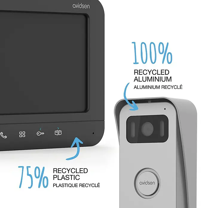 Avidsen Türklingel mit Kamera Prima kabelgebunden - Silber, 800 x 480 Pixel - Produktbild einer Avidsen-Video-Türklingel mit recyceltem Aluminium und Kunststoff für nachhaltige Sicherheit.