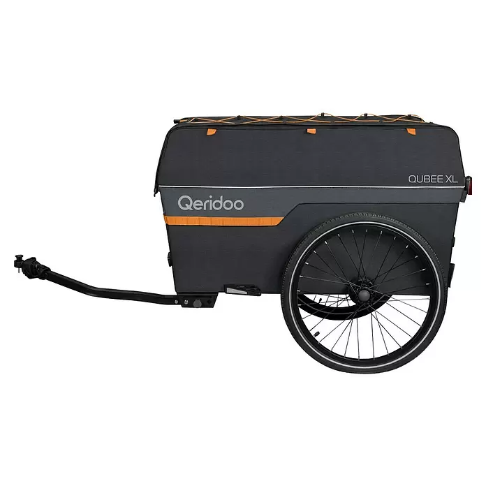 Qeridoo Fahrradanhänger Qubee XL - Max. zulässiges Gesamtgewicht: 60 kg, grau, 220 l - Dunkelgrauer Qeridoo QUBEE XL Fahrradanhänger mit orangefarbenen Akzenten und schwarzer Deichsel.