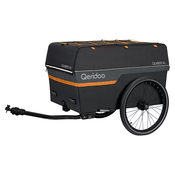 Qeridoo Fahrradanhänger Qubee XL - Max. zulässiges Gesamtgewicht: 60 kg, grau, 220 l - Qeridoo QUBEE XL Fahrrad-Lastenanhänger in Schwarz und Dunkelgrau mit orangefarbenen und weißen Akzenten.