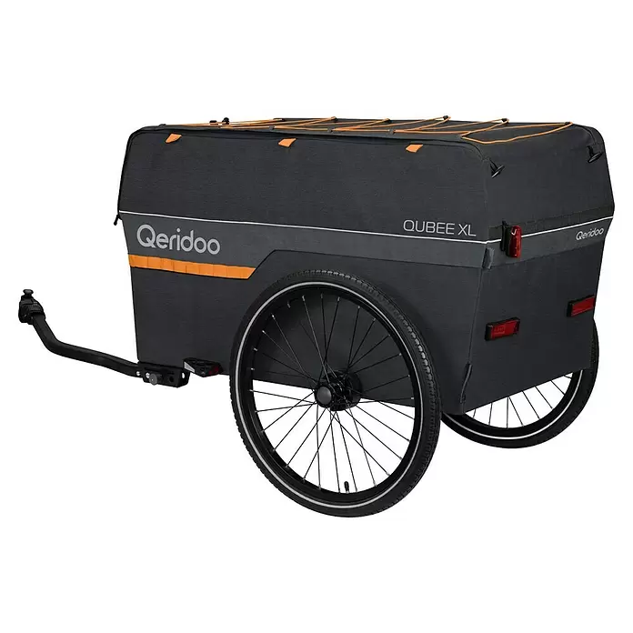 Qeridoo Fahrradanhänger Qubee XL - Max. zulässiges Gesamtgewicht: 60 kg, grau, 220 l - Dunkelgrauer Qeridoo Qubee XL Fahrradanhänger mit orangefarbenen Akzenten und schwarzen Rädern.