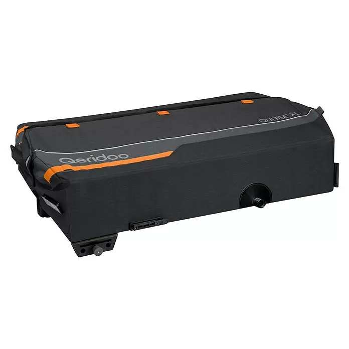 Qeridoo Fahrradanhänger Qubee XL - Max. zulässiges Gesamtgewicht: 60 kg, grau, 220 l - Anthrazitfarbene Qeridoo Qubee XL Transportbox aus strapazierfähigem Stoff mit orangefarbenen und hellgrauen Akzenten für sichere Lagerung und Transport.