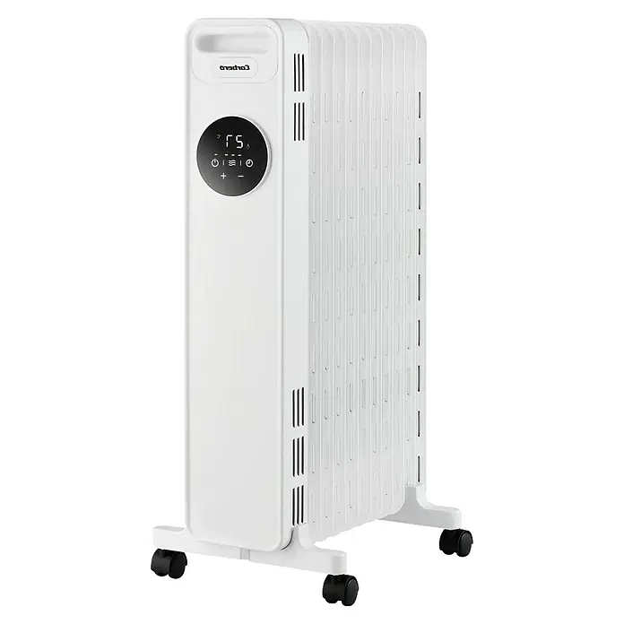 Corberó Radiador de aceite - 2.300 W, Blanco, L x An x Al: 24 x 39 x 64 cm - Imagen de un radiador de aceite portátil blanco con controles digitales, ideal para la calefacción suplementaria en espacios habitables.