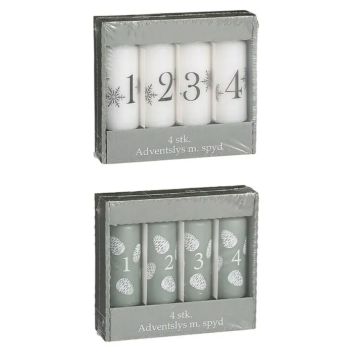 Vela - Ø x Al: 4 x 10 cm, Blanco/Verde - Dos paquetes de velas de Adviento, una blanca con copos de nieve y una verde con piñas, cada una con los números del 1 al 4.