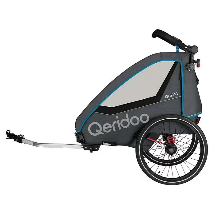 Qeridoo Kinderfahrradanhänger Qupa 1 - Einsitzer, Lime - Grauer Qeridoo QUPA 1 Kinderanhänger/Kinderwagen mit blauen Akzenten, zwei Rädern, Griff und Deichsel.