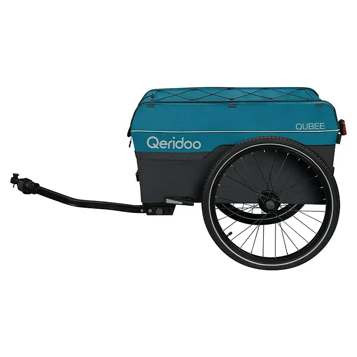 Qeridoo Fahrradanhänger Qubee L - Max. zulässiges Gesamtgewicht: 50 kg, grau, 130 l - Ein Qeridoo Qubee Fahrradanhänger in Türkis und Schwarz, ideal für den Transport von Lasten oder Kindern. Solide Konstruktion mit großem Rad.