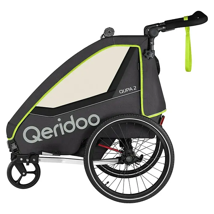 Qeridoo Kinderfahrradanhänger Qupa 2 - Zweisitzer, Lime - Abbildung eines Qeridoo Qupa 2 Fahrradanhängers mit grauem Stoff, beigefarbenem Fenster und grünem Rand auf schwarzem Hintergrund.