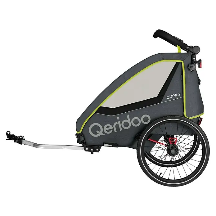 Qeridoo Kinderfahrradanhänger Qupa 2 - Zweisitzer, Lime - Der Qeridoo Qupa 2 Fahrradanhänger ist ein grauer Anhänger mit grünen Akzenten, der Sicherheit und Komfort beim Transport bietet.