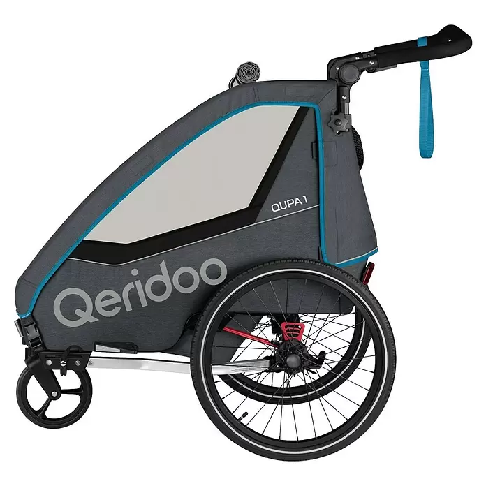 Qeridoo Kinderfahrradanhänger Qupa 1 - Einsitzer, Lime - Grauer Qeridoo QUPA 1 Kinderfahrradanhänger mit blauen Akzenten und schwarzen Rädern.
