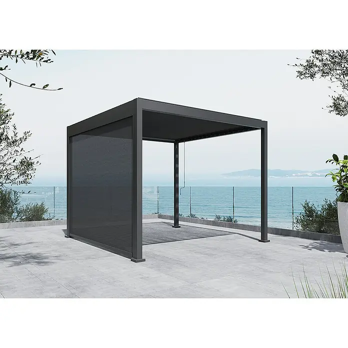 Sunfun Loungemöbel-Set Lumar/Milos XL - 11 -tlg., Aluminium/PVC/Fiberglas/Polypropylen, Night-Grey - Ein modernes, graues Terrassenpergola mit schattenspendendem Stoffdach und Sichtschutzwand bietet stilvollen Sonnenschutz im Freien.